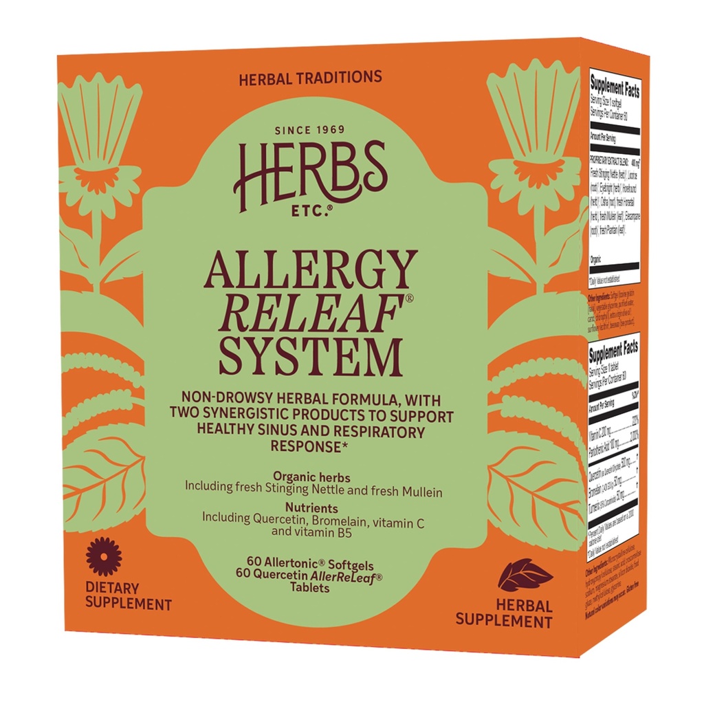 Urter Etc. Allergy ReLeaf System - Sæsonforstyrrelser supplement - Giver support til nysen & Itchy Eyes - Understøtter Sinus funktion - 60 Softgels, 60 tabletter (60 Servere)