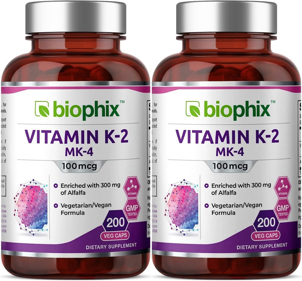 biophix Vitamin K2 MK- 4- 100 mcg 200 Caps med Alfalfa 2 Pack - Understøtter stærke knogler immunforsvar