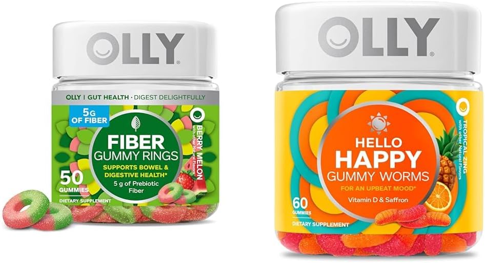 OLLY Fiber Gummy Ringe, 5g Prebiotic Fiber, FOS (Fructo- oligosaccharides), fordøjelsesstøtte & Hello Happy Gummy Worms, Mood Balance Support, Vitamin D, Safran, Voksen Chewable Supplement