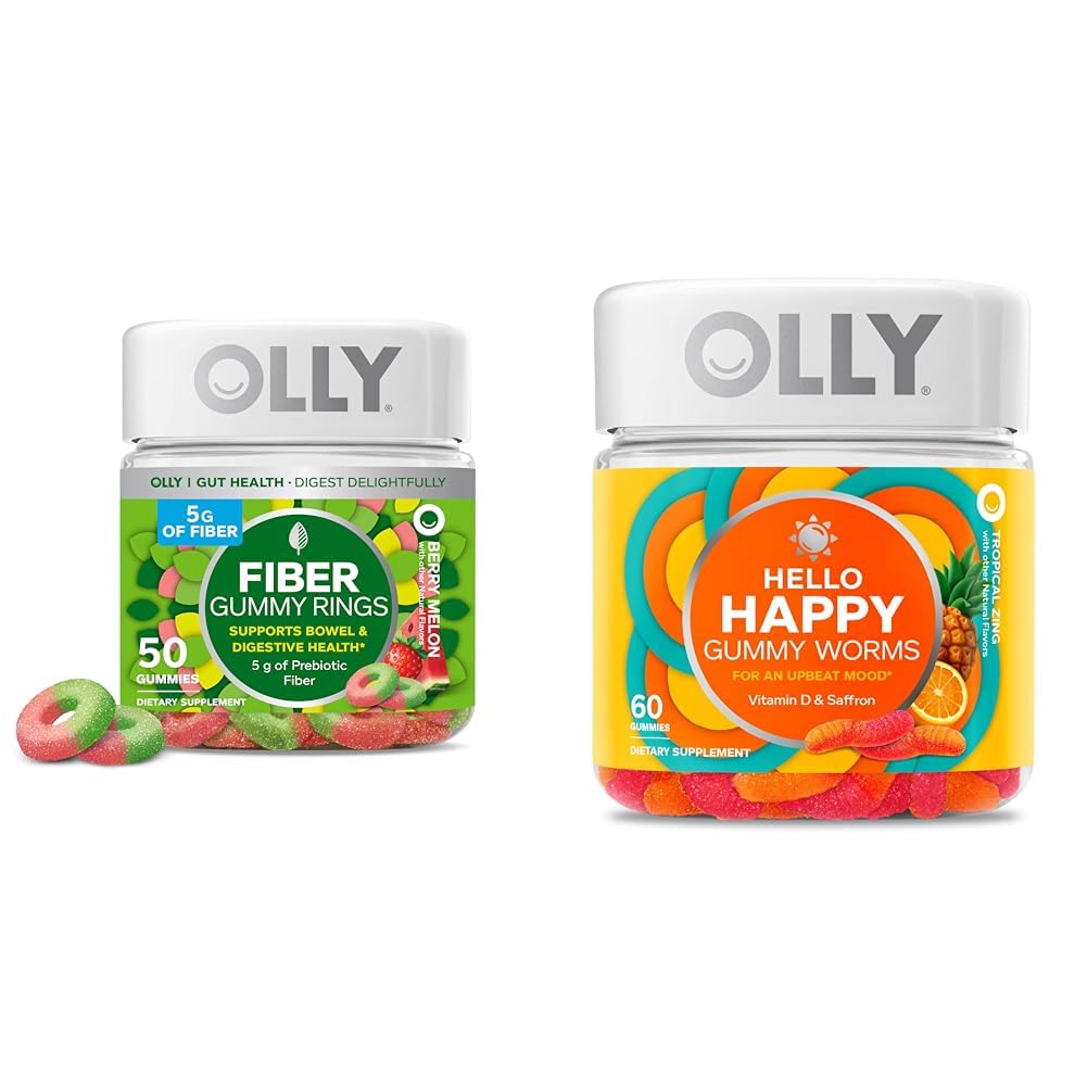 OLLY Fiber Gummy Ringe, 5g Prebiotic Fiber, FOS (Fructo- oligosaccharides), fordøjelsesstøtte & Hello Happy Gummy Worms, Mood Balance Support, Vitamin D, Safran, Voksen Chewable Supplement