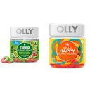 OLLY Fiber Gummy Ringe, 5g Prebiotic Fiber, FOS (Fructo- oligosaccharides), fordøjelsesstøtte & Hello Happy Gummy Worms, Mood Balance Support, Vitamin D, Safran, Voksen Chewable Supplement