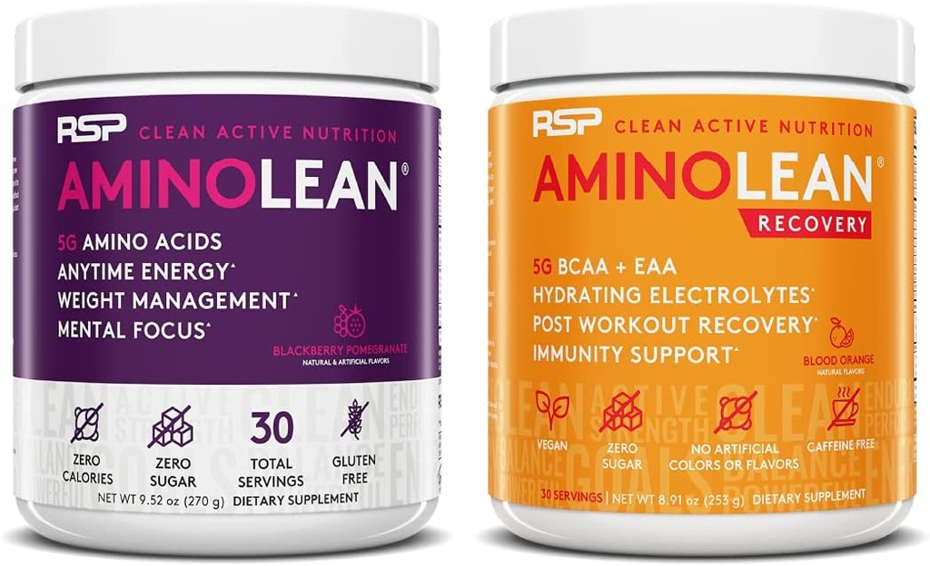 RSP NUTRITION AminoLean Pre Workout Energy (BlackBerry Pomegranate 30 Servere) med AminoLean Inddrivelse Post Workout Boost (blod Orange 30 Servere)