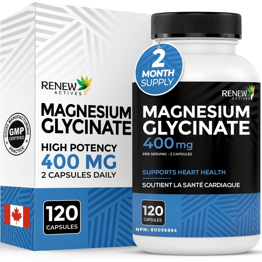 GENNEW AKTIVITETER Magnesiumglycinat 400MG per 2 kapsler Pure Magnesium Bisglycinat til fuld kropsafslapning, søvn, muskler, Bones & Energy - Electrolyte Balance - Made in Canada -120 kapsler
