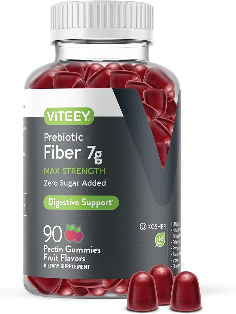Viteey Prebiotic Fiber Gummies for adult, 7g - Gut Health & fordøjelig Opløselig Fiber Supplement Gummies - Zero Sugar Added, Vegan, Gluten- Free - 90 Greve