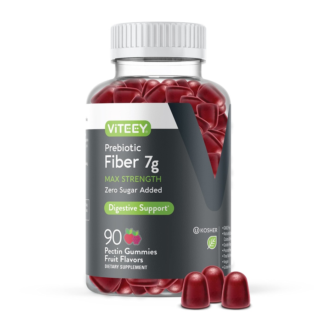 Viteey Prebiotic Fiber Gummies for adult, 7g - Gut Health & fordøjelig Opløselig Fiber Supplement Gummies - Zero Sugar Added, Vegan, Gluten- Free - 90 Greve