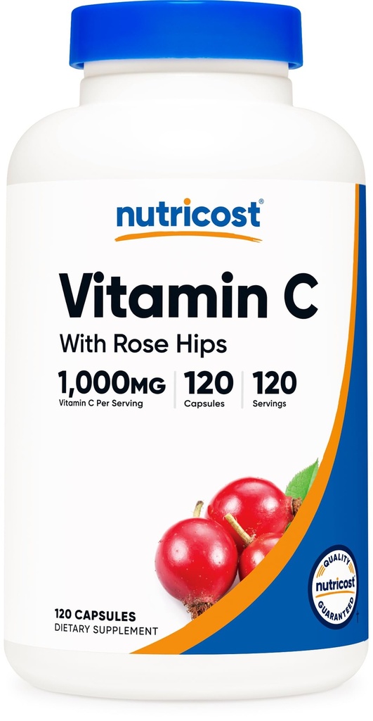 Nutricost C-vitamin med Rose HIPS 1025mg, 120 kapsler - C-vitamin 1000mg, Rose HIPS 25mg, Premium, Non- GMO, Gluten Free Supplement