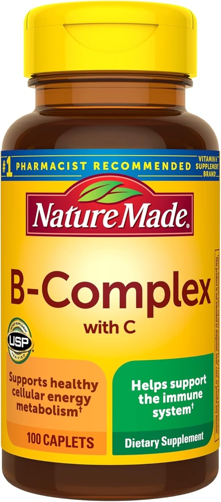Nature Made B Complex med C-vitamin, Kosttilskud til immunsystemet, 100 kapsler, 100 dages forsyning