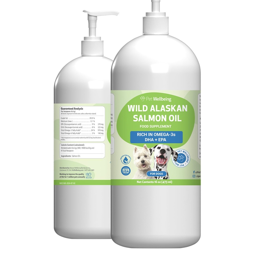 Pet Wellbeing Wild Alaska Salmon Oil for Dogs - Wild-Fanget, Cold- Forarbejdede, Daily Omega-3 Fish Oil for Sund Coat og Hud, fælles mobilitet og styrke - EPA, DHA - 16 fl oz (473 ml)