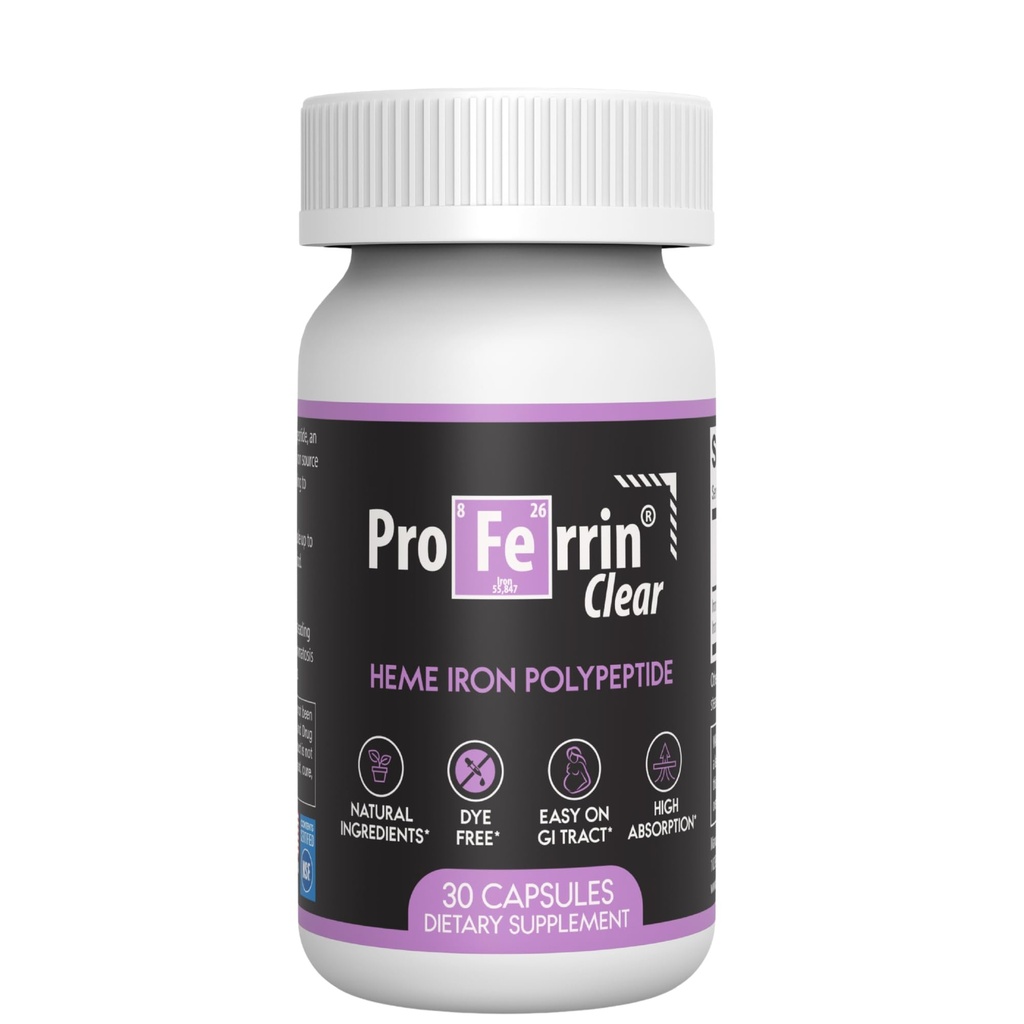 Proferrin Clear 30ct • 124; US Made heme Iron for high Absorption, Easy on GI Tract • 124; Natural, NSF Certified, farvefri