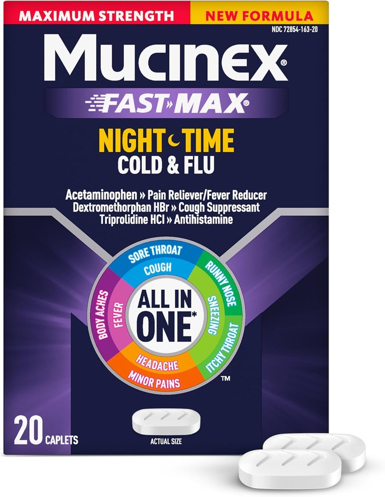 Mucinex Nightshift Cold & Flu, Maksimal styrke Kraftfuld Multi- symptom Nighttime Relief, 20 hurtig udløsning kapsler - Smerte Reliever / Fever Reducer, Host suppressant, Antihistamin