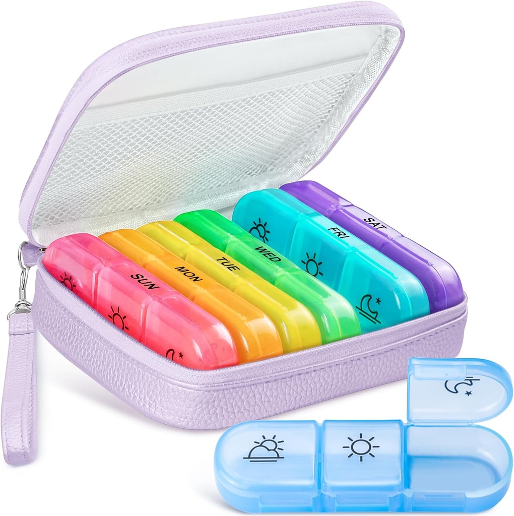Cute Pill Organizer 3 gange om dagen, Stor Daglig Pill sag for kvinder, Bærbar Pill Box 7 dag for purse med pose & lynlås til at holde vitaminer, Medicin, Fiskeolier, Kosttilskud (lilla)
