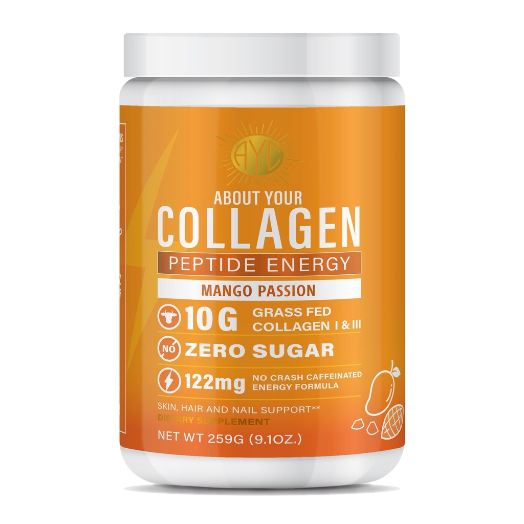 Peptide Energy Collagen Powder Hair, Nail, Skin, Type I & III,Caffeine for Energy, Vitamin C, Biotin, Hyaluronic Acid, Zero Sugar – 8.92 oz (Mango Passion)