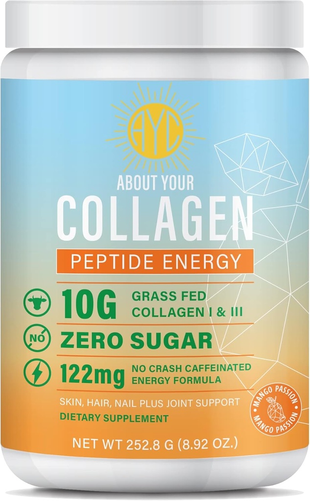 Peptide Energy Collagen Powder Hair, Nail, Skin, Type I & III,Caffeine for Energy, Vitamin C, Biotin, Hyaluronic Acid, Zero Sugar – 8.92 oz (Mango Passion)