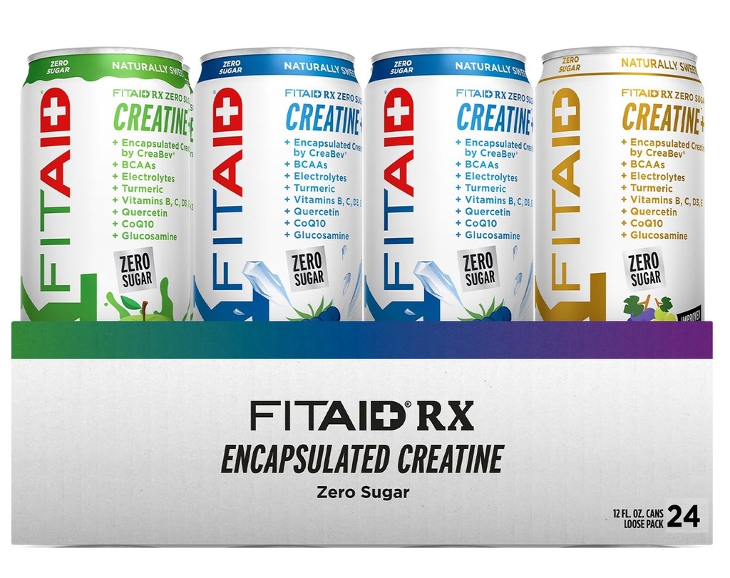FITAID RX Zero Sugar, indkapslet Creatin, Workout Recovery Drink, All- In- One Blend, BCAAs, Glucosamin, Gurkemeje, B- Complex, Electrolytes, Variety Pack, 12 Fl Oz (Pack of 24)