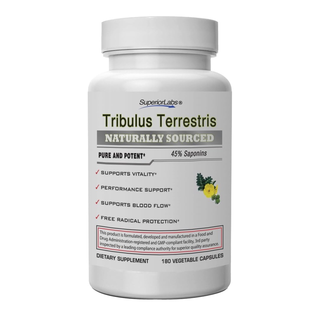 Superior Labs - Tribulus Terrestris - Performance Support & Cortisol Blocker med 45% Saponiner, Høj potens & Pure 1500mg Dosering, 180 Vegetabilske Caps - Understøtter Vitality - med tilføjet BioPerine ®