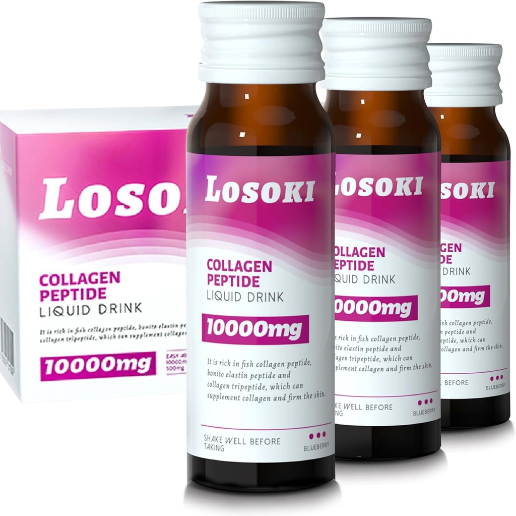 Losoki Flydende Collagen Peptid Drink - 10000mg Hydrolyzed Marine Collagen Peptider med C-vitamin, Premium Blend, Promote Sunde hår hud negle Joints Bones, (1 kasse, 10 flasker)