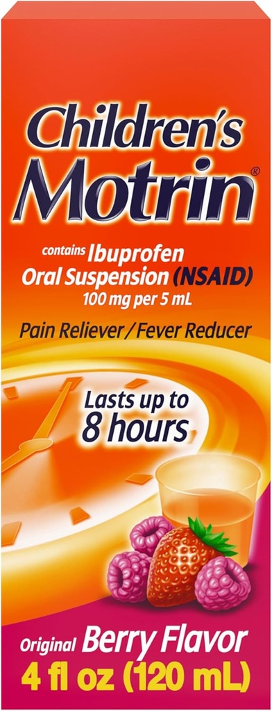 Børn Motrin Oral Suspension Medicine, 100 mg Ibuprofen, Kids Feber Reducer & Pain Reliever for mindre Aches & Pains På grund af kold & Flu, Alkoholfri, Berry Flavored, 4 fl. oz