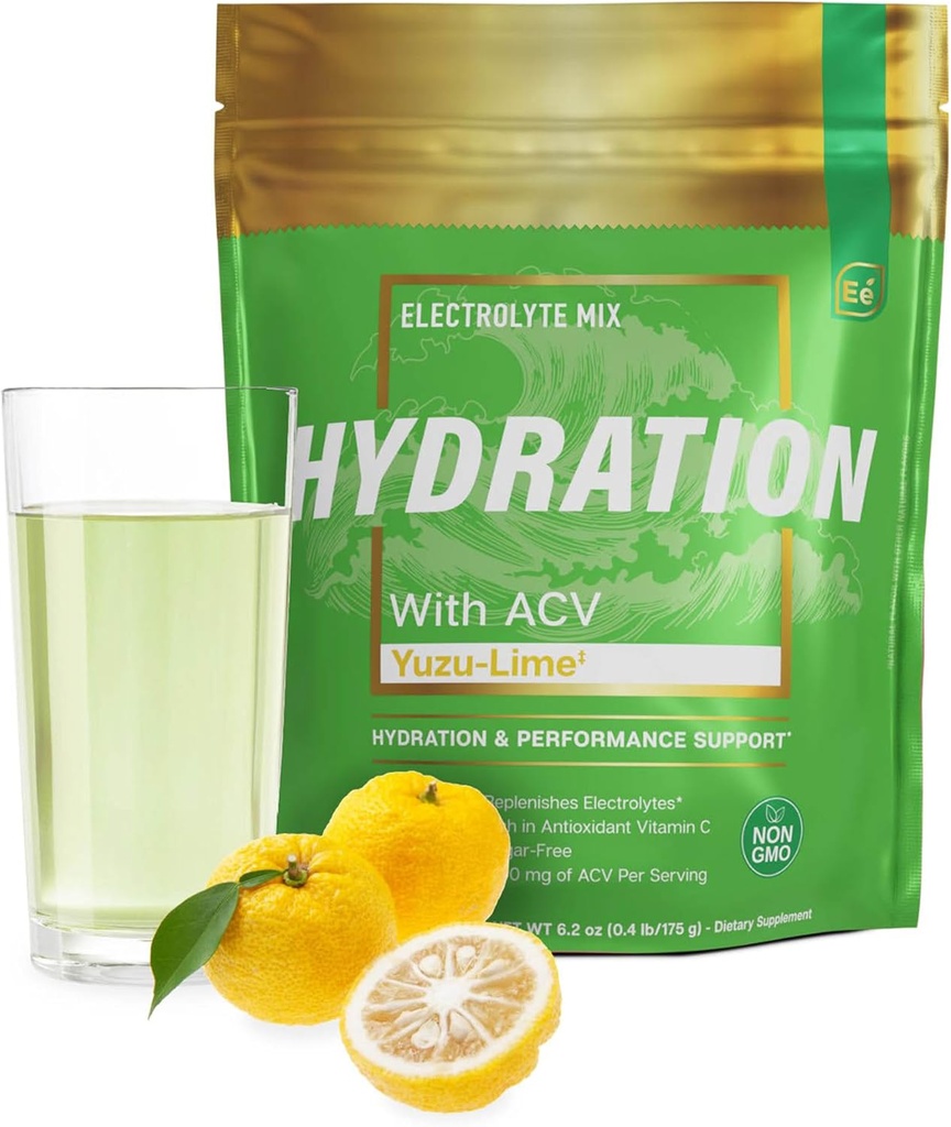 Essentielle elementer Hydration Pakker - Yuzu Lime Pack - Sukker Free Elektrolytter Powder Pakker - 25 Stick Pakker af Elektrolyter Powder Ingen sukker - Hydration Drink - med ACV & C-vitamin