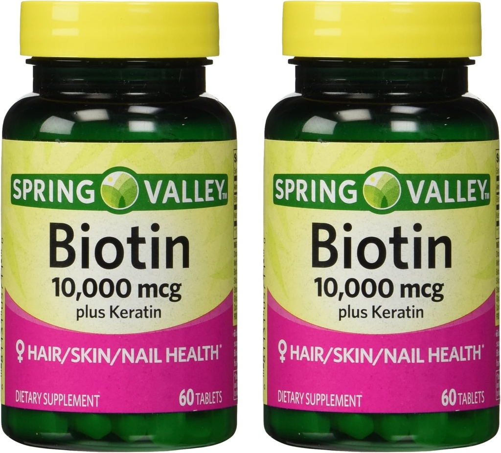 Spring Valley 10000mcg Biotin med 100 mg Keratin Kosttilskud, 60 greve (pakke med 2)