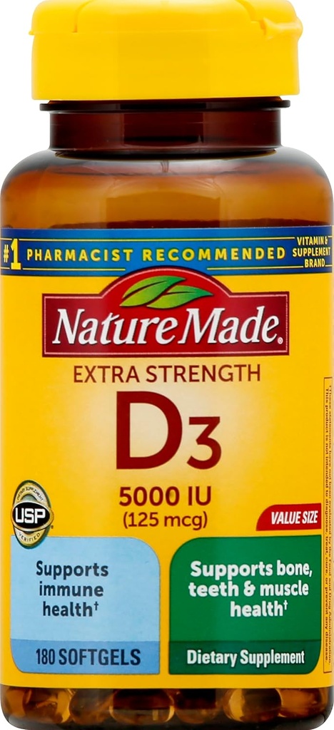 Extra Strength Vitamin D3 5000 IE (125 mcg), 180 Softgels Value Size, High Potence Vitamin D Hjælper support immunforsvar, stærke knogler og tænder, & Muskelfunktion