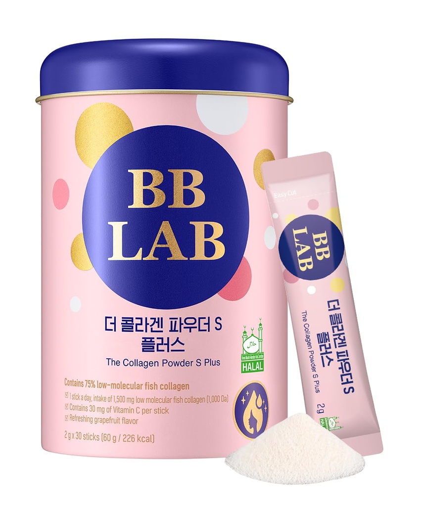 BB LAB Collagen Powder S Plus Halal, Lav Molekylær Koreansk Collagen Powder Stick Supplement, Marine, Fish Collagen Peptider, C-vitamin, Glycin, Fast Absorption, Grapefrugt Flavor