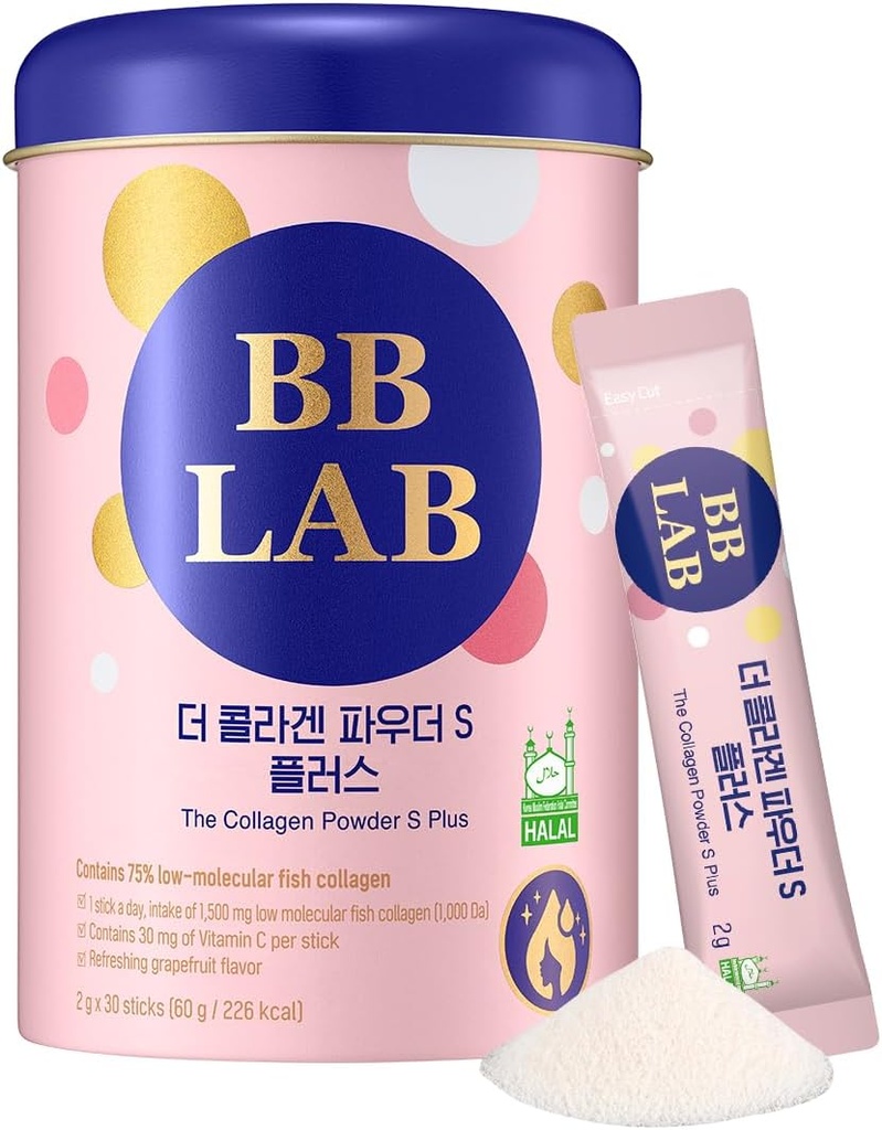 BB LAB Collagen Powder S Plus Halal, Lav Molekylær Koreansk Collagen Powder Stick Supplement, Marine, Fish Collagen Peptider, C-vitamin, Glycin, Fast Absorption, Grapefrugt Flavor
