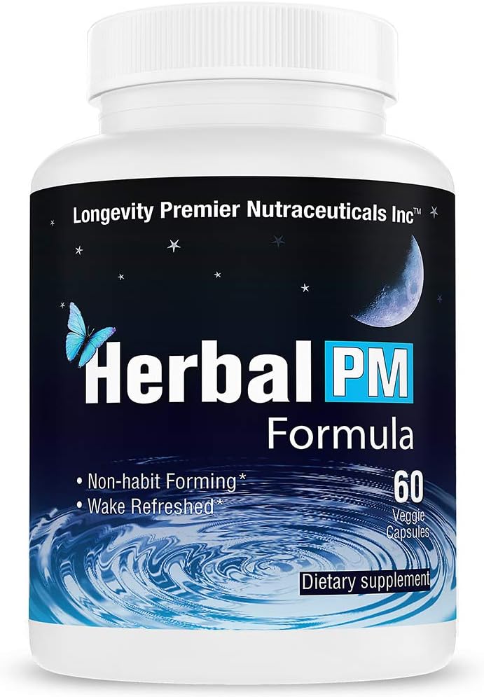 Longevity Herbal PM - Herbal Sleep Formula with 5-htp, melatonin, Valerian & GABA. 60 Veggie Capsules