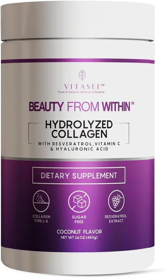 VITASEI Hydrolyzed Collagen Peptider Pulver med C-vitamin & Resveratrol - Hår, hud og negle Vitaminer for kvinder & mænd - Knogler og fælles tillæg - Kokosmel smag - 16 oz