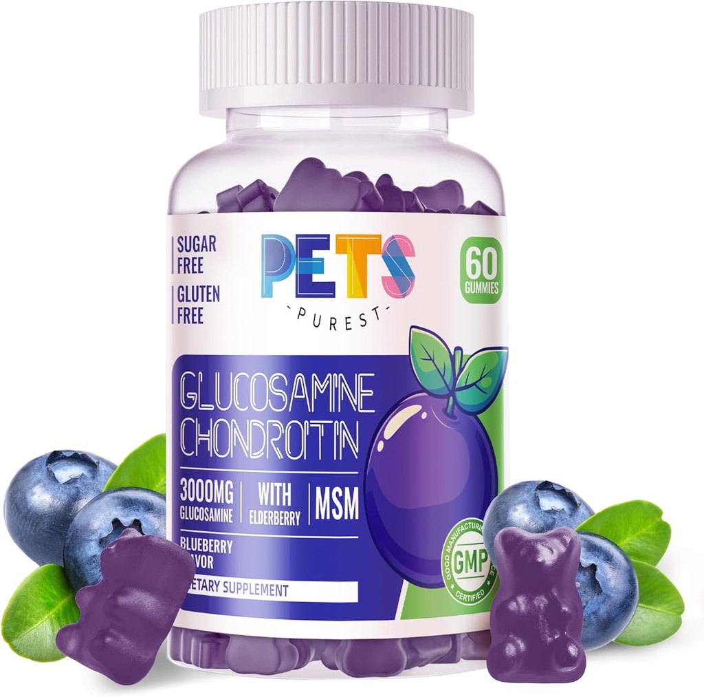 Kæledyr Purest Glucosamine Chondroitin Gummies med MSM & Elderberry Extra Strength - fælles støtte, Antioxidant immunsupport for voksne, Mænd & Women.60 Blueberry Gummies
