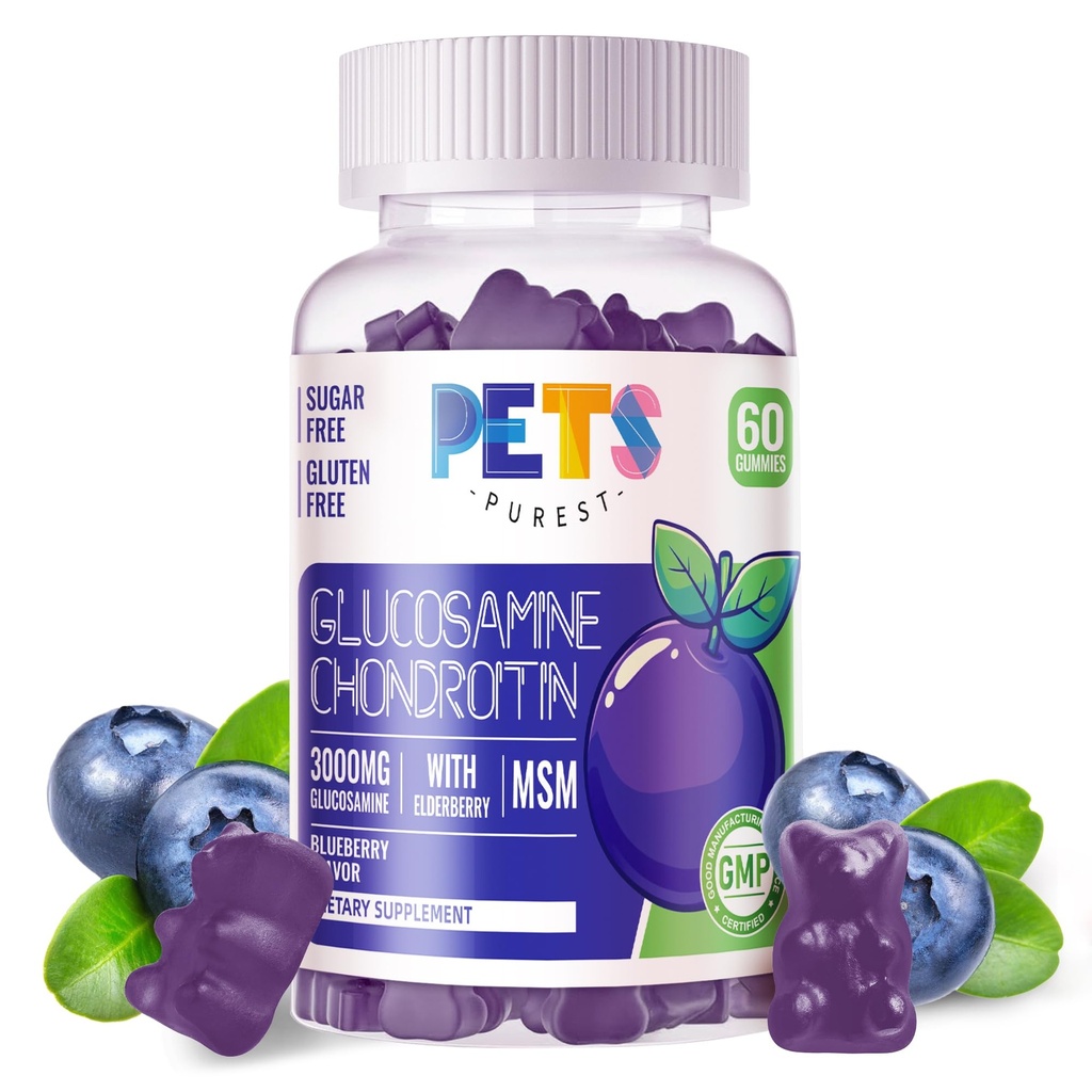 Kæledyr Purest Glucosamine Chondroitin Gummies med MSM & Elderberry Extra Strength - fælles støtte, Antioxidant immunsupport for voksne, Mænd & Women.60 Blueberry Gummies