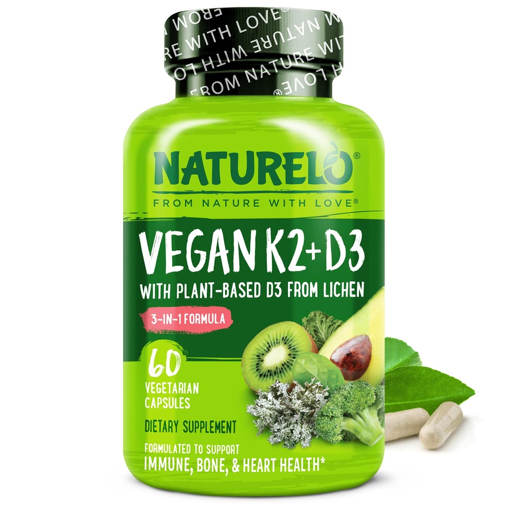 NATURELO Vitamin D3 K2 - Vegan med plante baseret D3 fra Lichen - Naturligt supplement til immunsystemet, Knoglestøtte, hjertesundhed - Hel mad - Non- GMO - Gluten Free, 60 kapsler