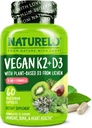 NATURELO-vitamin D3 K2 - Vegan K2 + D3 med plante baseret D3 fra Lichen - Natural D3 Supplement for immunsystem, Knoglestøtte, hjertesygdomme - hele fødevarer - Non- GMO - Gluten Free, 60 kapsler