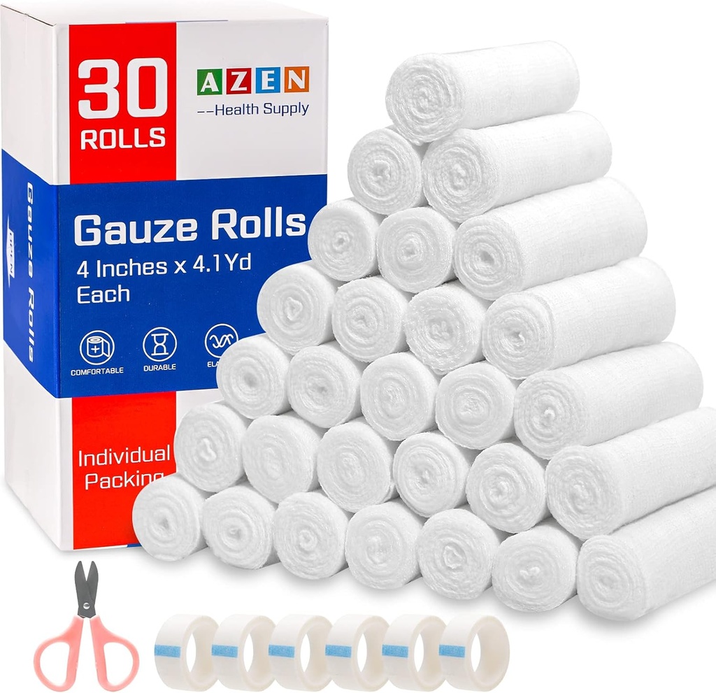 AZEN 30 Pack Gauze Rolls Bandages, 4 in x 4.1 Yards, Premium Medical Supplies & Førstehjælp Supplies, Bandage Wrap Vet Wrap, Mor Wraps
