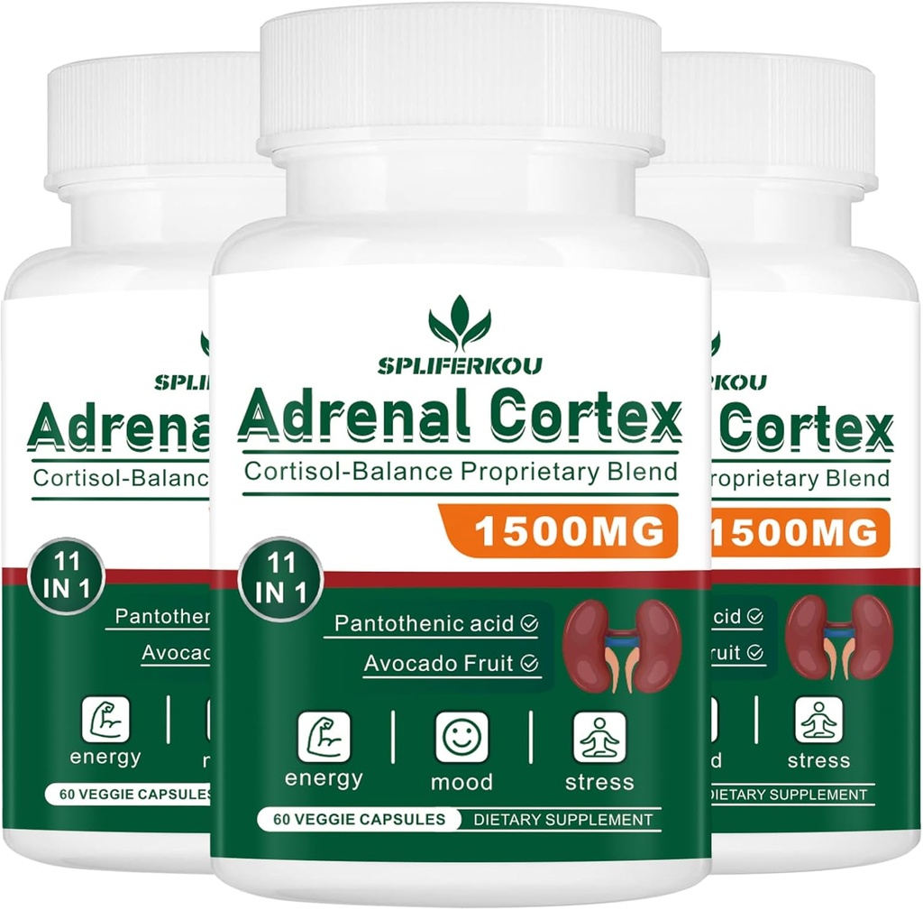 11-in-1 Adrenal Support, Cortisol supplement med pantothensyre og Ashwagandha - Understøtter sund binyrefunktion, energi og afslapning - 180 kapsler