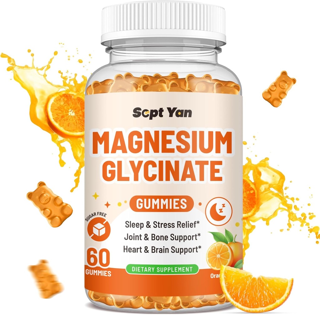 Magnesium gummier til voksne - Magnesium glycinat supplement med vitamin B6, L- theanin, vitamin D, CoQ10 - Magnesium comlex gummier til mood, ben & muskel, sukkerfri Orange Flavor 60 ng
