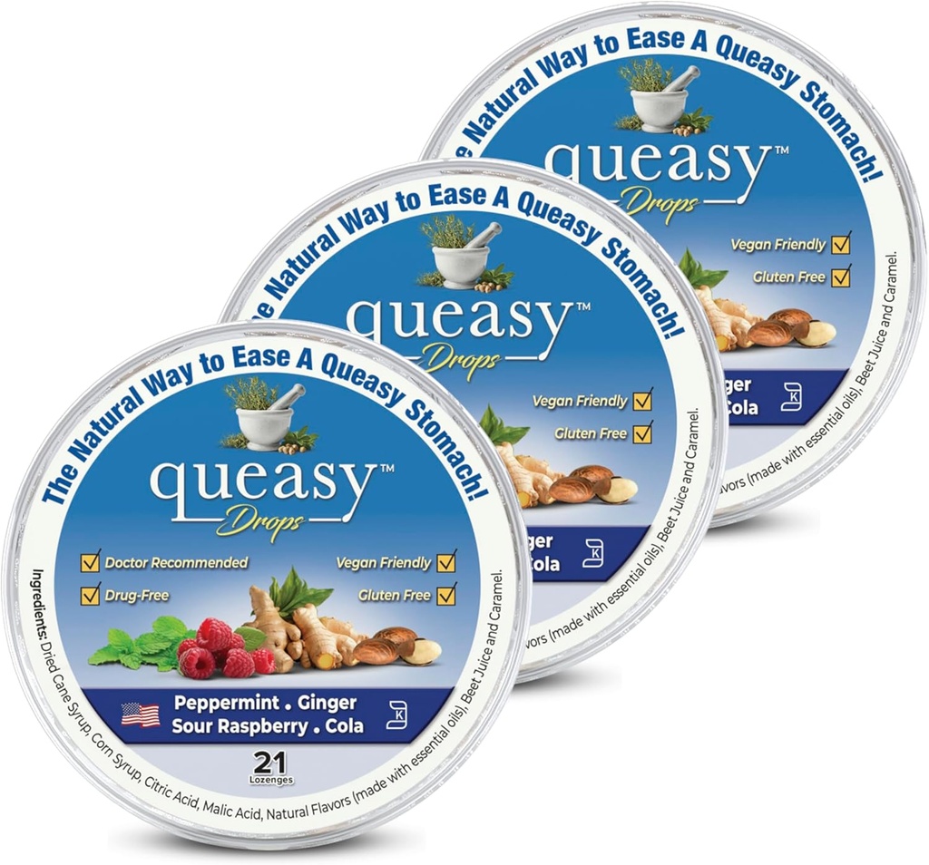 Tre Lollies Queasy Drops - Relief from Kvalme & Rejse Sygdom - Lettelser en tør mund & Settles The Mave - Naturlige ingredienser - 4 Arme - 21ct (Pack of 3)