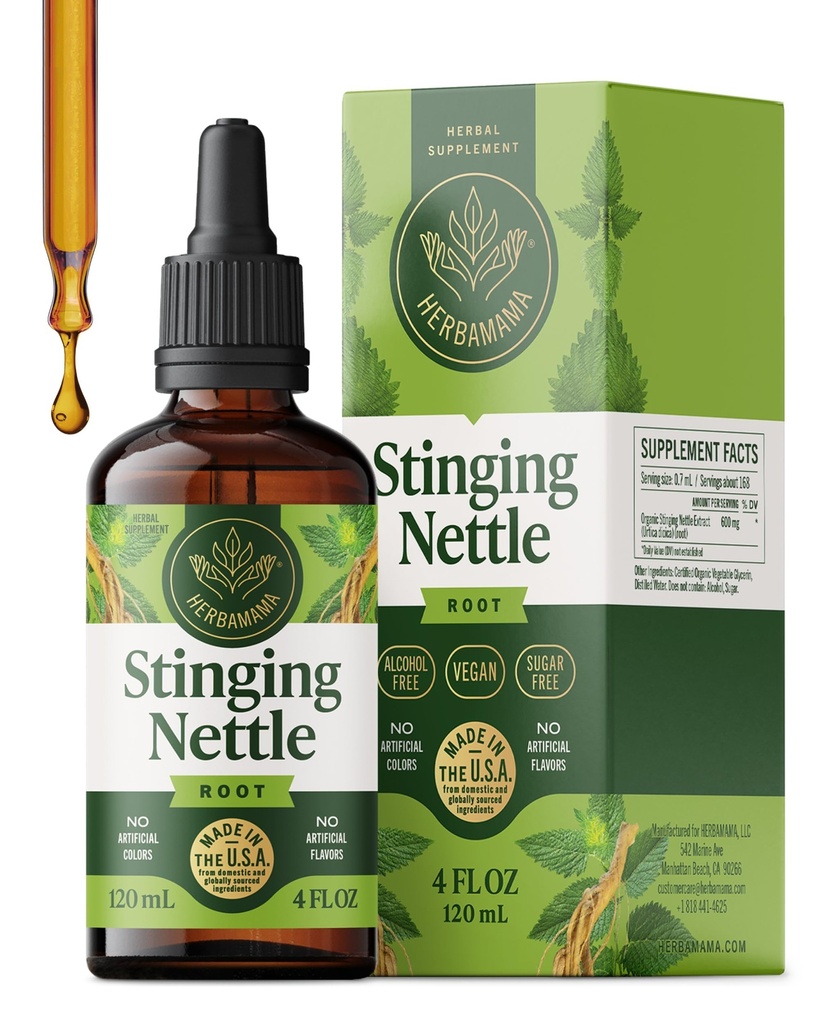 HERBAMAMA Stinging Nettle Tincture - Vegansk Urinary Tract Support med Stinging Nettle Root Extract - Non- GMO, Alkohol & Sugar- Free Urtica Dioica Supplement - 84-Day Supply