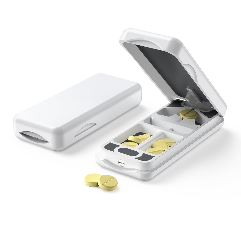 Pill Cutter med Auto Centry Device, Aluminium Pill Splitter med 316L Stainless Blade, Ægte læder sag, Professional Pill Splitter til skæring små piller eller store piller (plast, hvid)