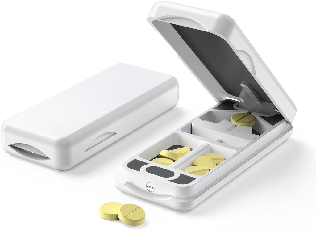 Pill Cutter med Auto Centry Device, Aluminium Pill Splitter med 316L Stainless Blade, Ægte læder sag, Professional Pill Splitter til skæring små piller eller store piller (plast, hvid)