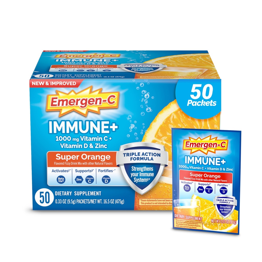 Emergen- C Immunum + Triple Action immunforsvar pulver, BetaVia (R), 1000mg C-vitamin, B-vitaminer, D-vitamin og antioxidanter, Super Orange, Tilbage til skolen Essentials - 50 Greve