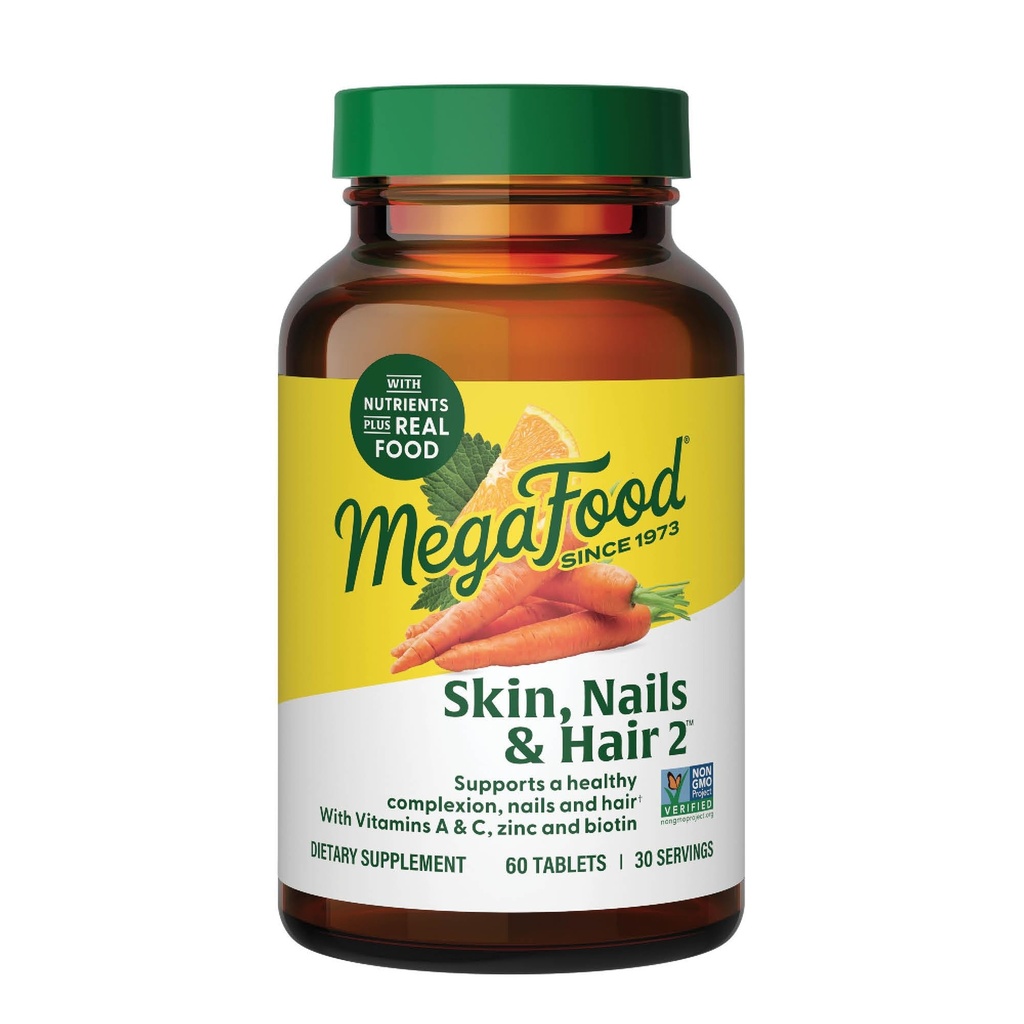 MegaFood Skin, Nails & Hair 2 - Vitaminer til kvinder & mænd - Biotin, vitamin A, C, zink, B6, E, pantothensyre - Vegan - Made without 9 Food Allergens - 60 Tabs (30 Servere)