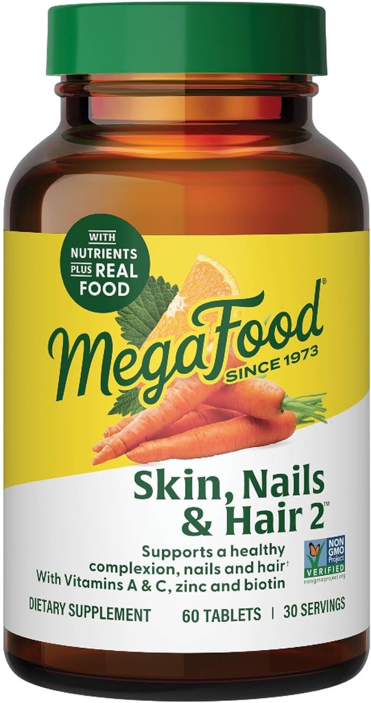MegaFood Skin, Nails & Hair 2 - Vitaminer til kvinder & mænd - Biotin, vitamin A, C, zink, B6, E, pantothensyre - Vegan - Made without 9 Food Allergens - 60 Tabs (30 Servere)
