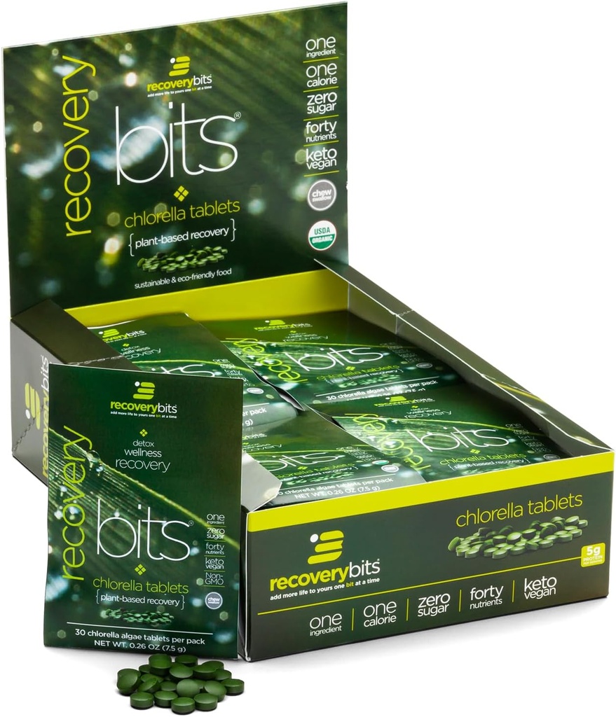 ReconverYbits - Organic Chlorella Tablets - Plant- baseret Algae Superfood - Chlorophyll - Cracked Cell Wall - Energy - Immunsystem - Detox - Keto - Vegan - Non- GMO - Box med 30 Pouches - 900 Tabletter