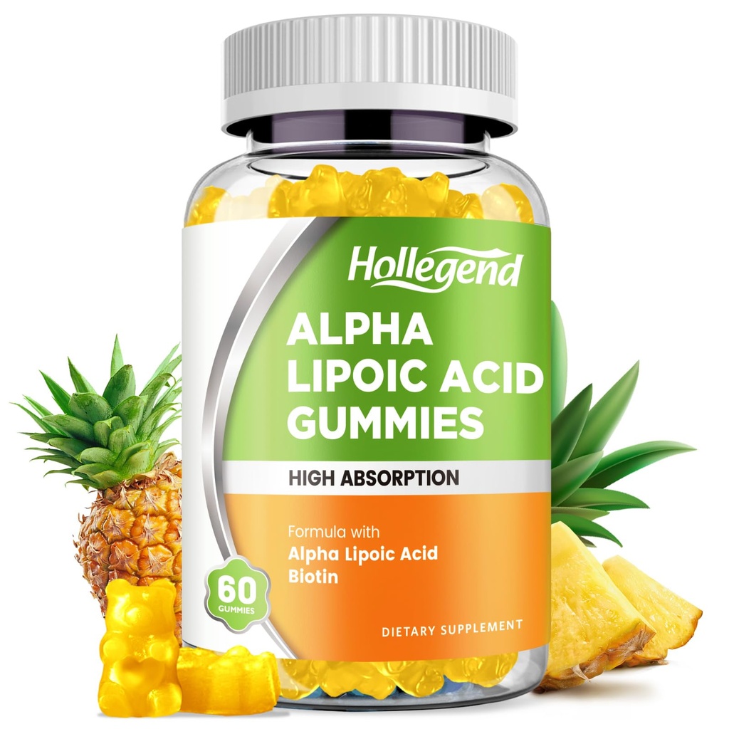 Alpha Lipoic Acid Gummies 1000Mg med biotin, høj Absorption Chewable ALA supplement til antioxidant, hjerne sundhed og nerve støtte, Ananaskarme, sukkerfri, 60 Chews