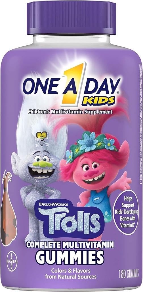 One A Day Kids Trolde Multivitamin Gummy, Kids Vitamin med Vitamin A, B6, B12, C, D, E, Zink, Folsyre og Biotin (Packaging May Vary), Trolde, 180 Tæl