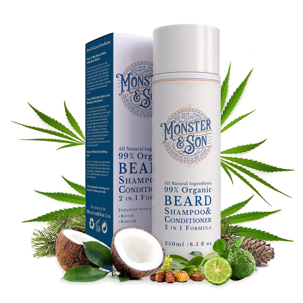 Monster & Son Organic Beard Shampoo & Conditioner 2 i 1 - Beard Wash med Conditioning for mænd - genert ansigt renser for følsomme hud - Hypoallergen, Paraben & Sulfatfri - lang holdbarhed 250ml