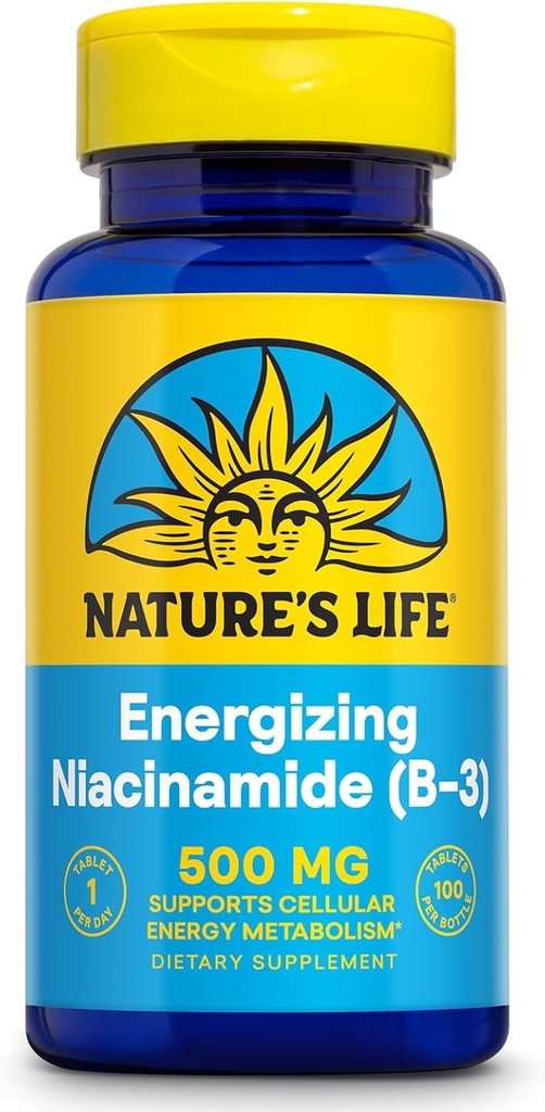 Nature 's Life Energizing Niacinamid 500mg - No Flush Vitamin B 3 Niacin Supplement - Nerve funktion, Metabolisme og sund energistøtte - 60- dag garanti, Lab Verified, 100 Servere, 100 tabletter