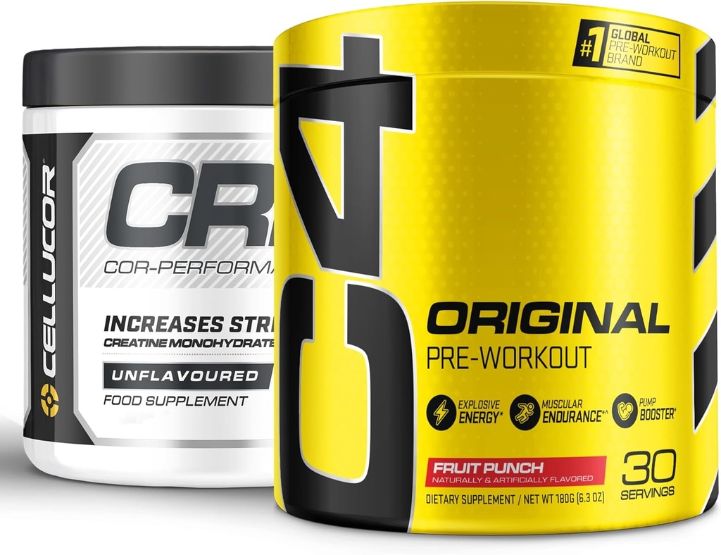 Cellucor Pre Workout & Creatine Bundle, C4 Original Pre Workout Powder, Fruit Punch, 30 Servere + Cor Performance Creatinine Powder, 72 Servere