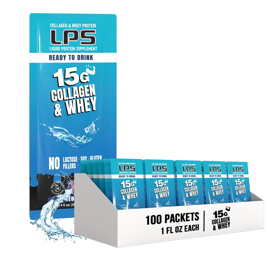 LPS Flydende Collagen & Whey Protein Supplement - Non- GMO drik, sukkerfri - fremmer sund hud & hår til mænd og kvinder, Neutral, Single Serve (100 Pakker)