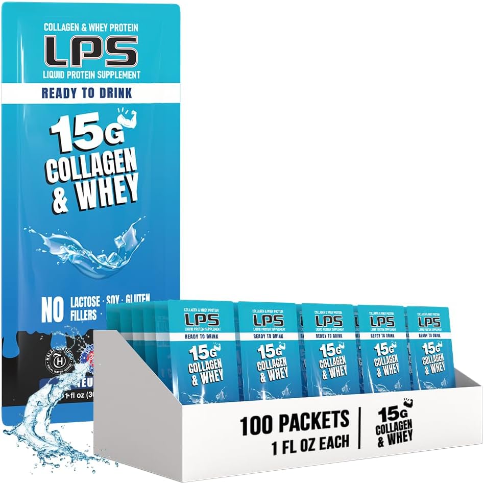 LPS Flydende Collagen & Whey Protein Supplement - Non- GMO drik, sukkerfri - fremmer sund hud & hår til mænd og kvinder, Neutral, Single Serve (100 Pakker)
